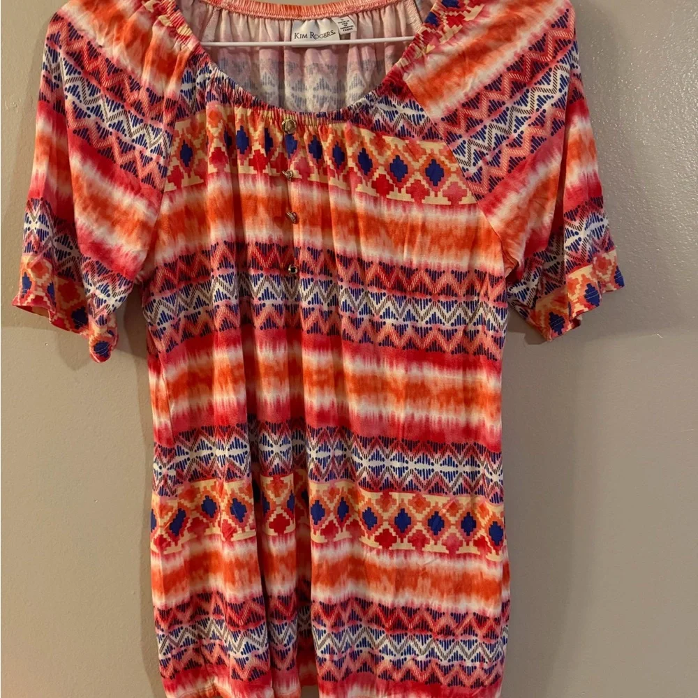 Kim Rogers Red and Blue Geometric Blouse‎